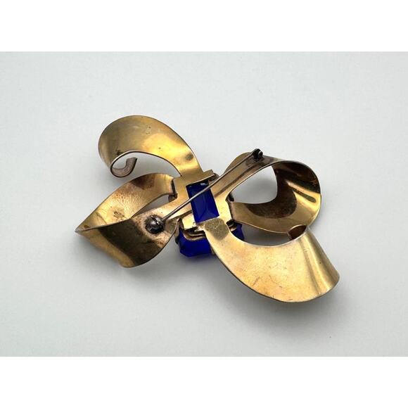 Vintage 1940s Retro Sterling Vermeil Bow Brooch with Blue Glass Stone - Picture 6 of 8